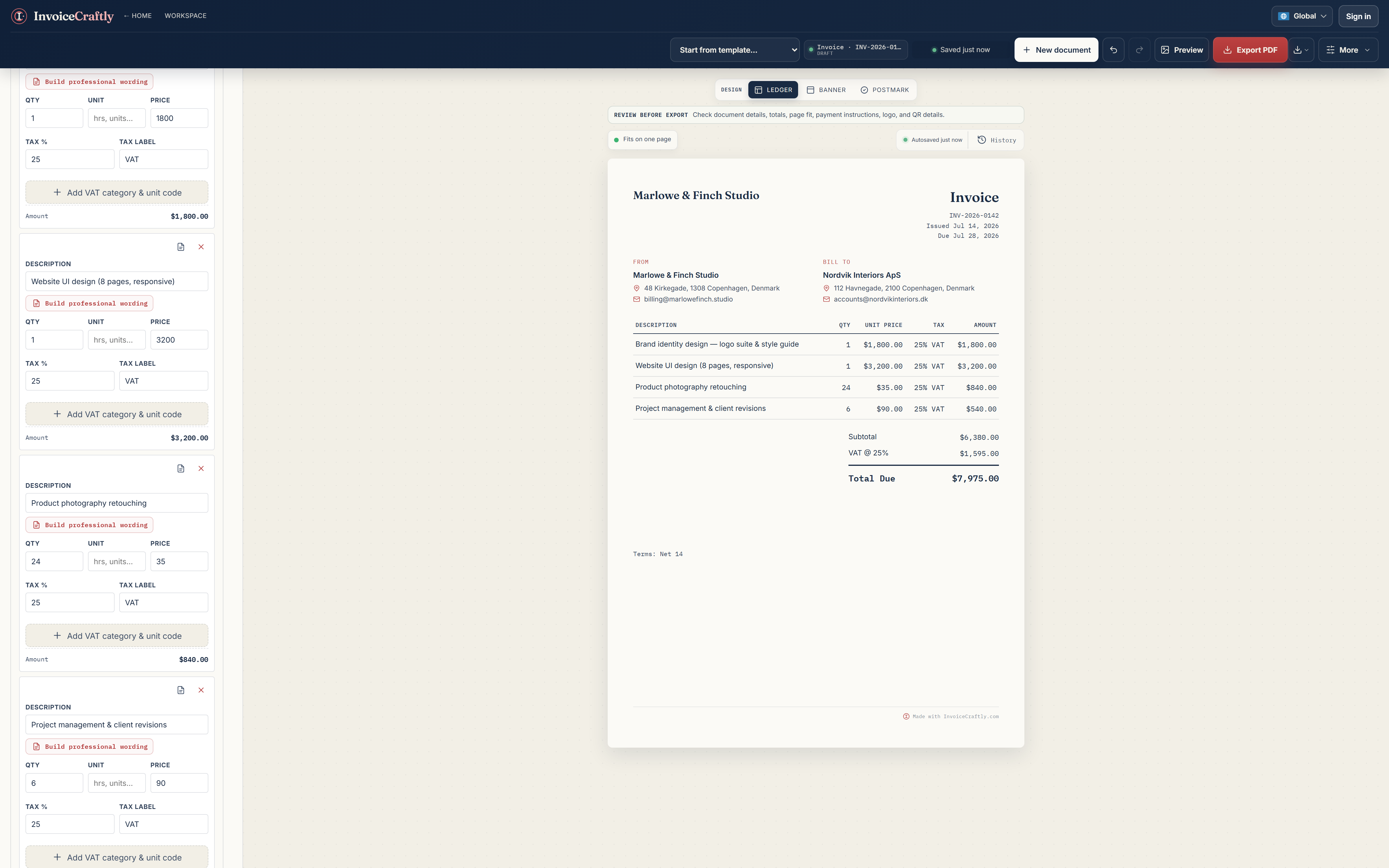 InvoiceCraftly editor showing a completed invoice